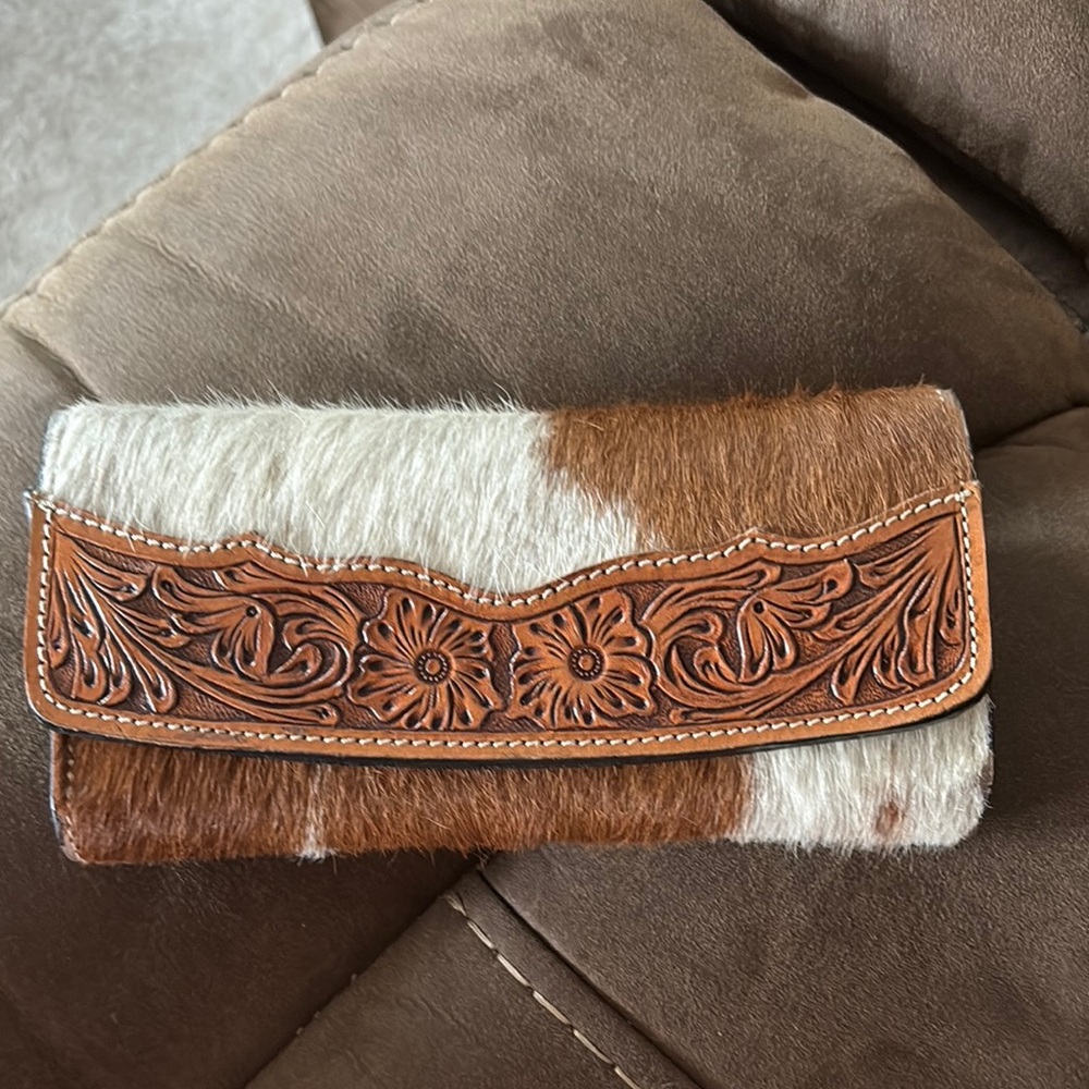 Brown and White Leather Floral Clutch